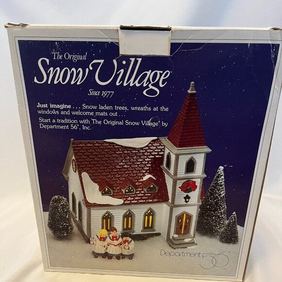 Department 56 Snow Village – Shady Oak Church (1994) w/ Trees and Carolers - Picture 14 of 15